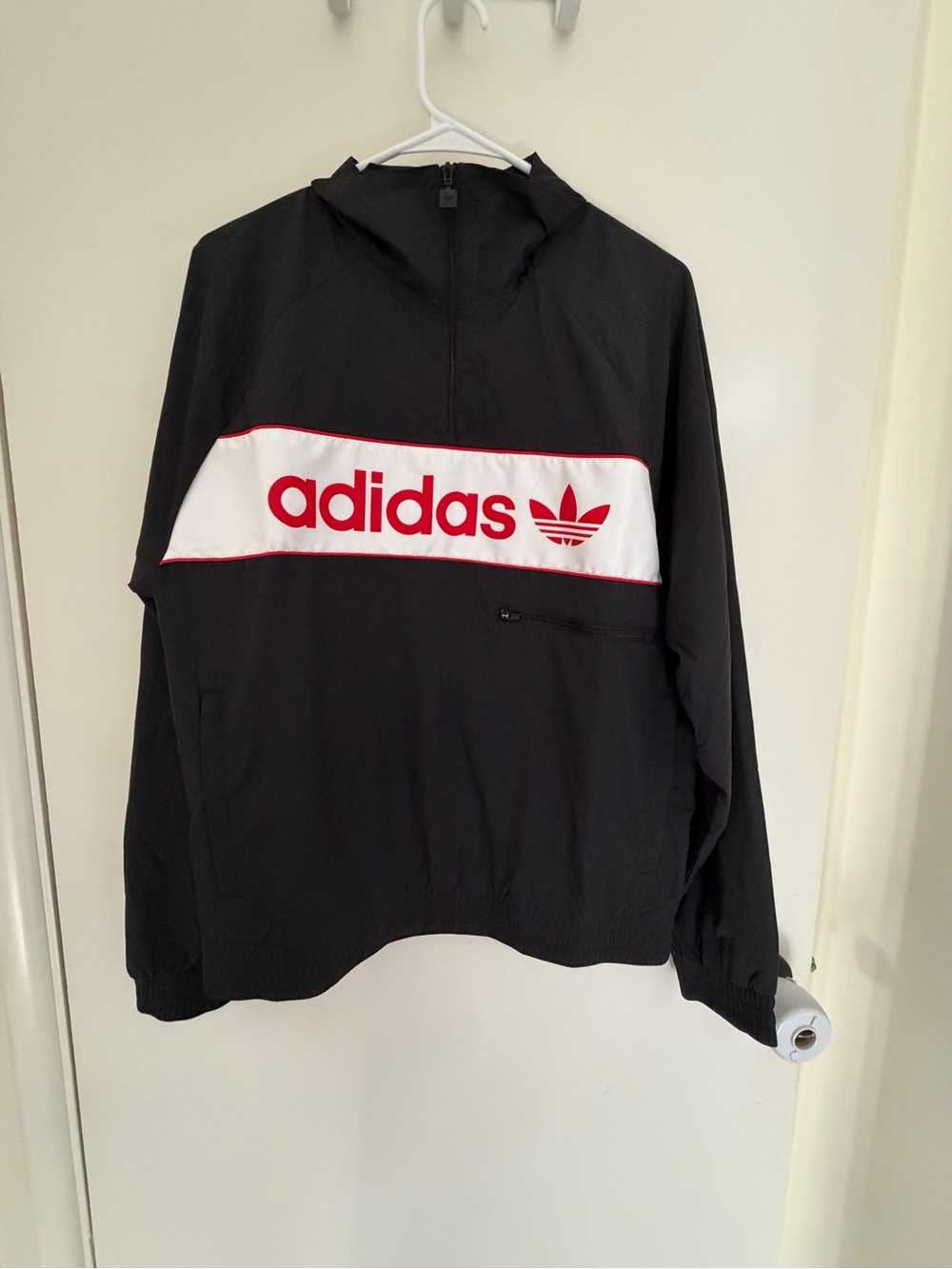 adidas Black Windbreaker Pullover with White Chest Panel and Red Logo
